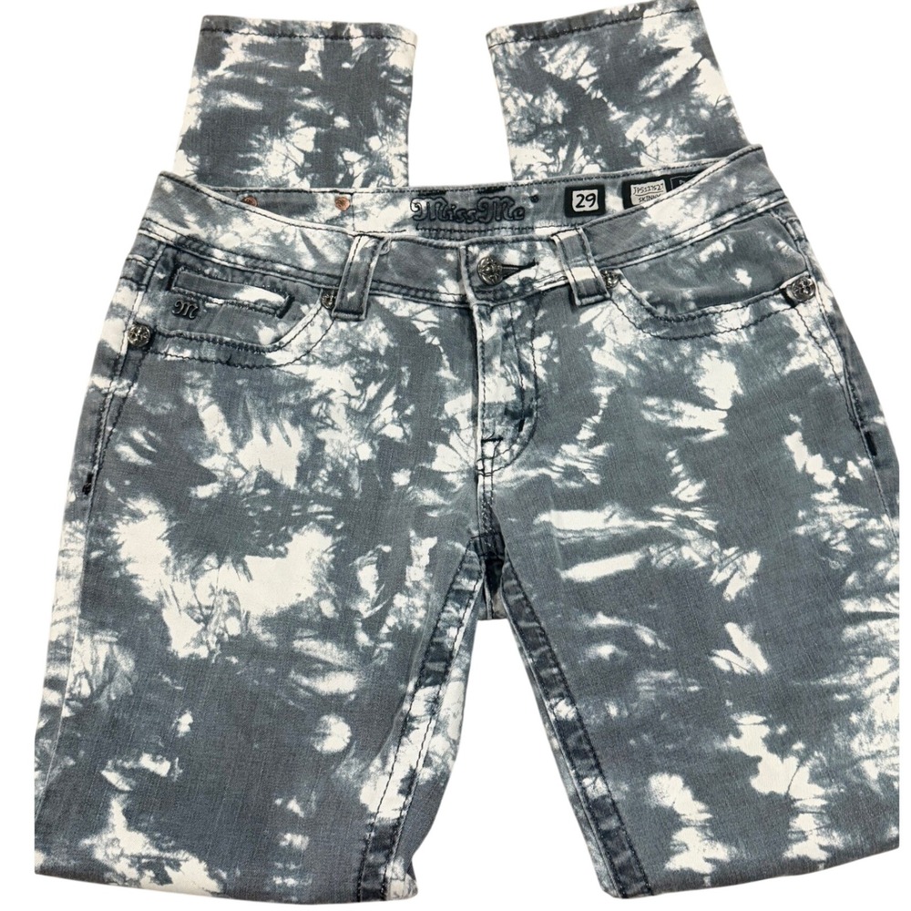 Miss Me Skinny Jeans Grey White Tie Dye Embellished Wing Pocket Size 29 - Picture 1 of 6